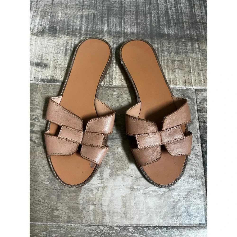 Arezzo Tan Leather Slide Sandals 36 / 6 H-Strap Made in Brazil Minimalist Boho